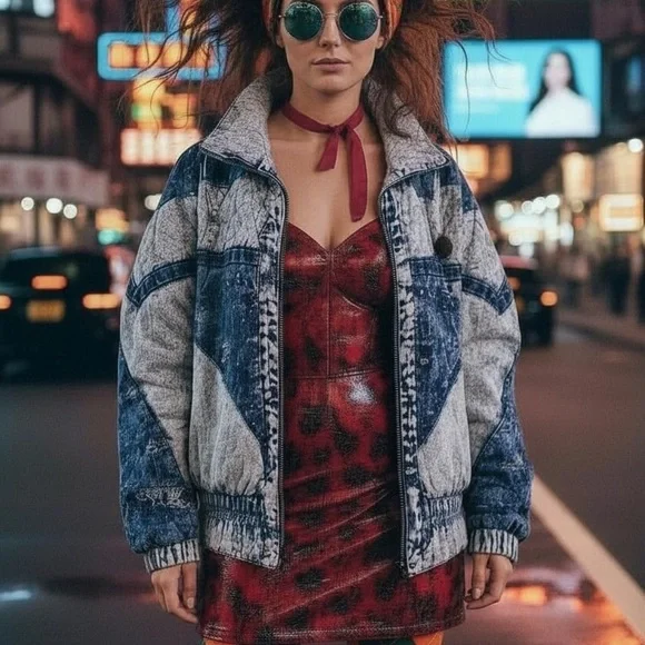 Vtg 80s 90s Acid Wash Denim Puffer Jacket Patchwork Glam Rock Hip Hop Bomber M - Picture 8 of 16